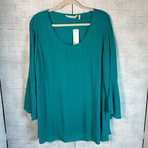 Soft surrounding swoop neck, bell sleeve tunic blouse, coastal grandma Bohemian